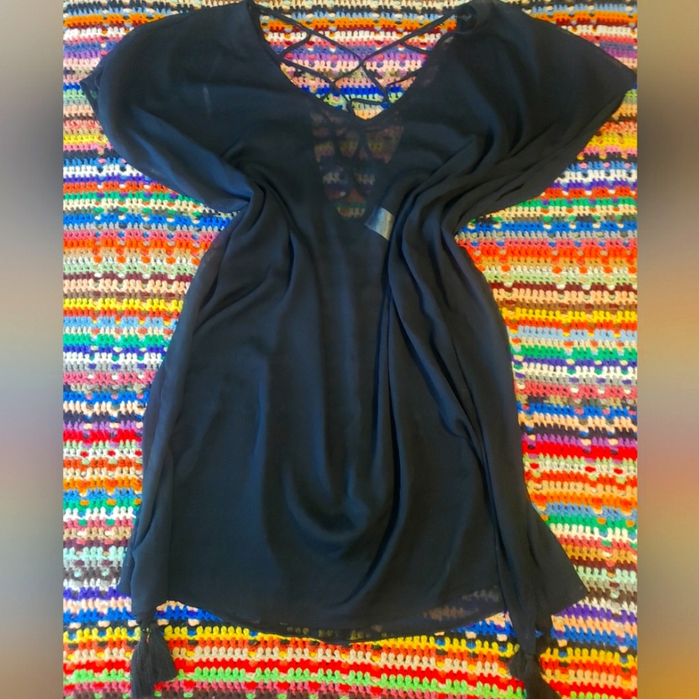 Bohemian flowy swim suit cover-up with tassles and cut out